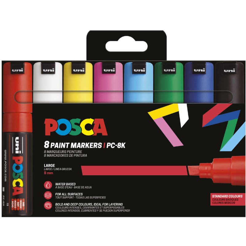 POSCA pigmentmarkers PC-8K, keilpunt 8,0 mm, zwart/wit/goud/zilver, 4 stuks
